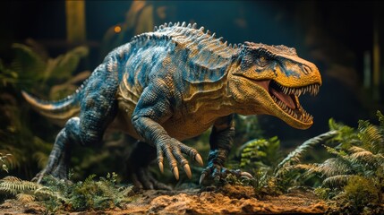 Obraz premium A meticulously detailed side view of a photorealistic Iguanodon Dinosaur, its massive jaws and sharp claws ready to strike, a testament to the grandeur of the prehistoric world.