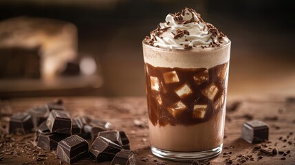 A cascading symphony of chocolate, as dark, glossy cubes of pure bliss plunged into the depths of a frothy chocolate milkshake, creating a swirling vortex of creamy delight.