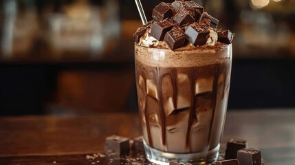 A cascading symphony of chocolate, as dark, glossy cubes of pure bliss plunged into the depths of a frothy chocolate milkshake, creating a swirling vortex of creamy delight.