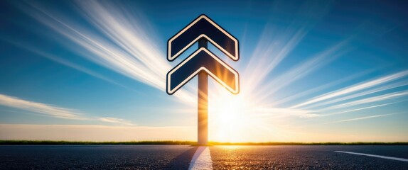 Moving forward with purpose, white arrow symbol as a traffic sign on an asphalt road guiding the way towards a successful future illuminated by bright sunlight.