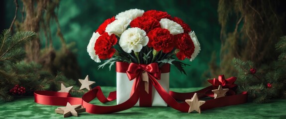 Mans Day greeting card featuring red and white carnations with a gift ribbon and wooden stars on a green backdrop, providing space for congratulatory text appropriate for any occasion.