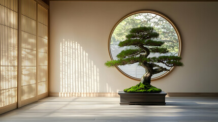 Serene Minimalist Interior With Bonsai Tree In Sunlight Peaceful Room With Round Window And Wood Floor Simple Zen Garden Japanese Style