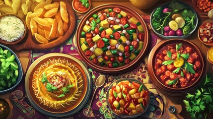 Diverse culinary spread, featuring various dishes and side dishes