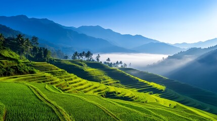 Obraz premium Lush green terraced rice fields in a mountainous landscape under a clear blue sky at dawn