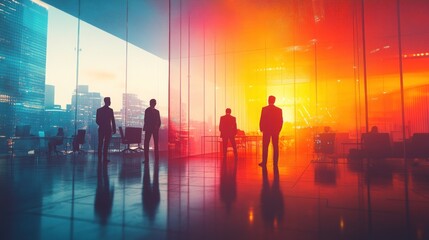 Silhouetted Business Team Contemplating Cityscape at Sunset