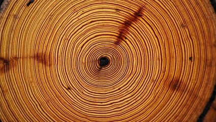Fototapeta premium Old wooden oak tree cut surface. Detailed warm dark brown and orange hues of a felled tree trunk or stump. Rough organic texture of tree rings featuring a close-up of end grain.