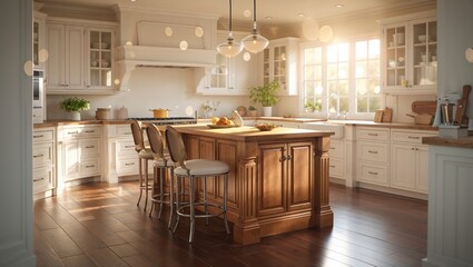 Fototapeta premium Bright and airy kitchen with wooden island and natural light enhancing the inviting atmosphere of home cooking