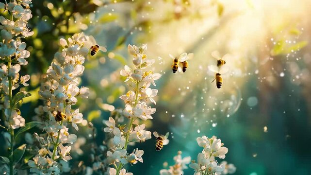 Honeybees swarm around blooming white flowers in a sunlit garden, Bees, swarm of honeybees flying arround flowers in sunlight