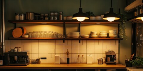 Interior view of a kitchen with shelves and appliances on display