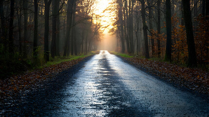 Obraz premium Golden Hour Sunset Over A Wet Forest Road In Autumn With Misty Atmosphere