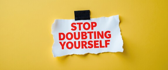 Note on yellow backdrop featuring handwritten text STOP DOUBTING YOURSELF, illustrating a mindset of lack of confidence that hinders success and leads to imposter syndrome or self-sabotage.