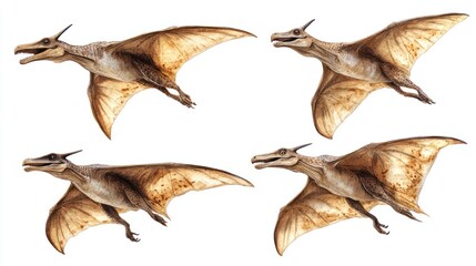 Fototapeta premium Four digital illustrations of a pterosaur in flight, showcasing different wing positions against a white background.