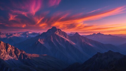 Mountain view with breathtaking twilight sky and cloud sunset background.