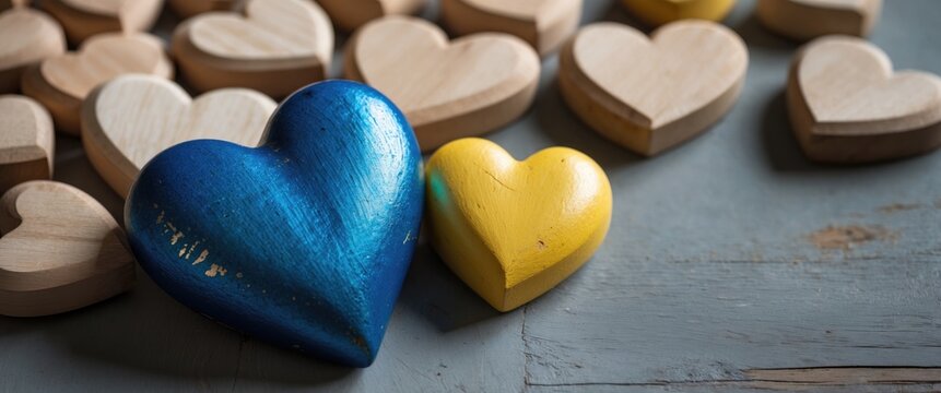 Lots of wooden hearts on a wooden surface with two hearts in the colors of a flag
