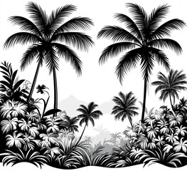 Tropical Paradise Silhouette Palm Trees and Lush Vegetation