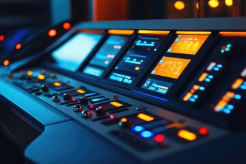 Futuristic Control Panel Interface: Digital Display with Illuminated Buttons and Screens
