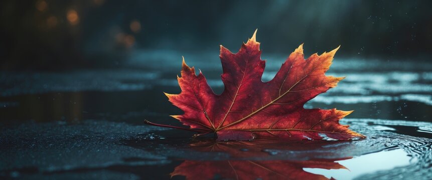 Maple leaf resting on a damp surface. - Powered by Adobe