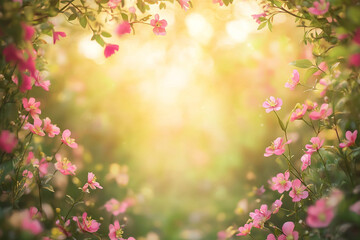 Fototapeta premium Beautiful pink flowers blooming in sunny spring garden soft light green fresh flora image nature