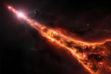 Obraz premium Cosmic Inferno: A stunning visual of a stellar jet emitting a powerful burst of energy through space, evoking a sense of cosmic creation and destruction.
