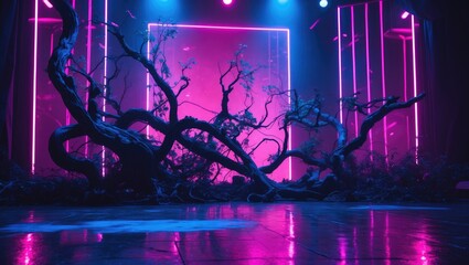 On a modern stage backdrop illuminated by neon electric lights, an abstract interpretation of nature.