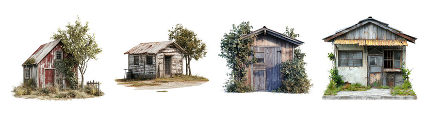 Four Unique Abandoned Houses Surrounded by Nature and Overgrowth, PNG bundle collection, Isolated on Transparent Background