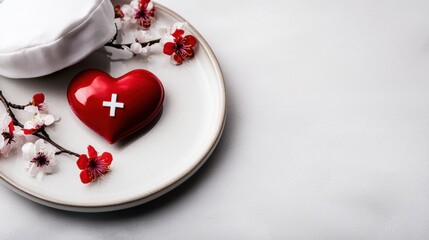 nurse appreciation events, honoring nurses with a heart symbol, nurse cap, and flowers on a white plate against a white backdrop