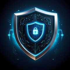 Futuristic cybersecurity concept with glowing shield icon on a microchip 