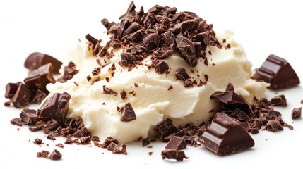 Creamy vanilla ice cream topped with dark chocolate shavings.