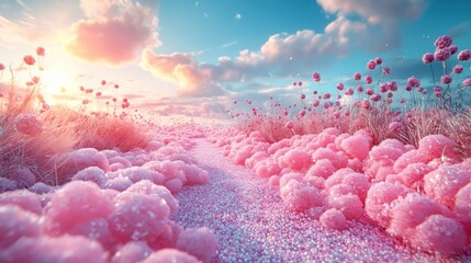 Pink flowers, frosted path, sunrise.