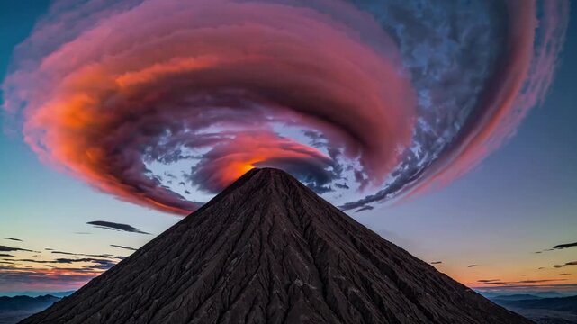 Vibrant lenticular clouds hovering above mount bromo, swirling with dramatic sunrise hues, revealing breathtaking atmospheric phenomenon against volcanic landscape
