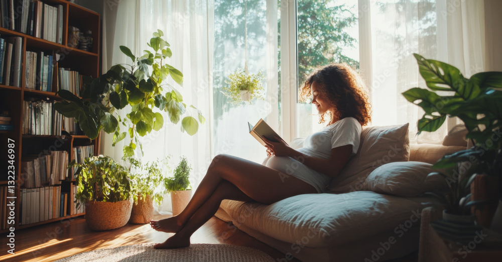 Poster a woman in her third trimester relaxes on a sofa while reading a book. sunlight streams through the 