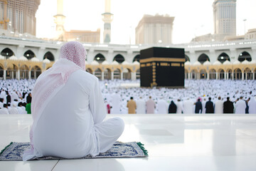 a man sitting and facing to kaaba