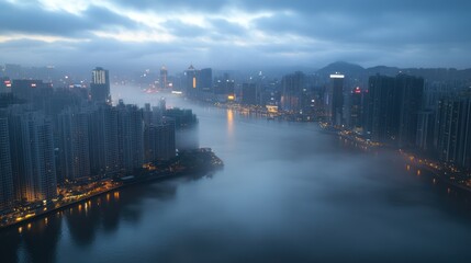 Fototapeta premium Foggy city skyline at dawn, aerial view.