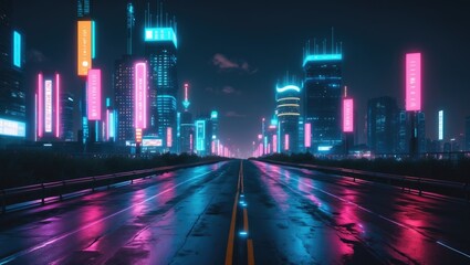Night city of the future. Against a dark background, a skyline adorned with vibrant and blinking neon lights. A front view of a broad road in exceptional quality, inspired by cyberpunk and retro wa...