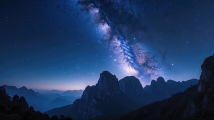 Night landscape of mountains with the Milky Way galaxy in the background, showcasing our galaxy through long exposure and low light.
