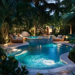 Luxurious nighttime pool oasis with palm trees and relaxing deck chairs