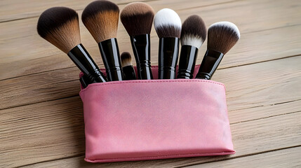 Various Makeup Brushes in Pink Holder on Rustic Wooden Table Background for Professional Beauty Application