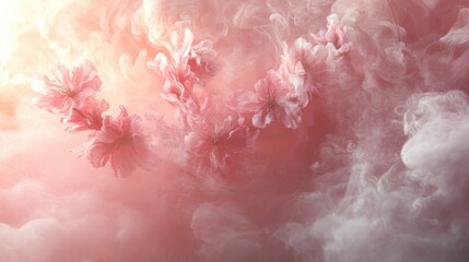 Pink flowers amidst a soft, swirling mist. Dreamy and ethereal