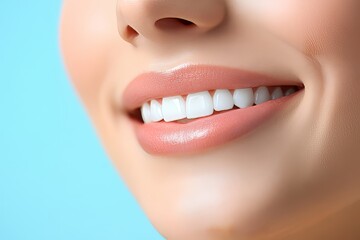 Fototapeta premium A smiling woman with pristine white teeth, captured in a close-up against a light blue background