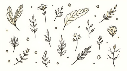 Minimalist Botanical Line Art Illustrations Hand-Drawn Leaves Flowers Branches