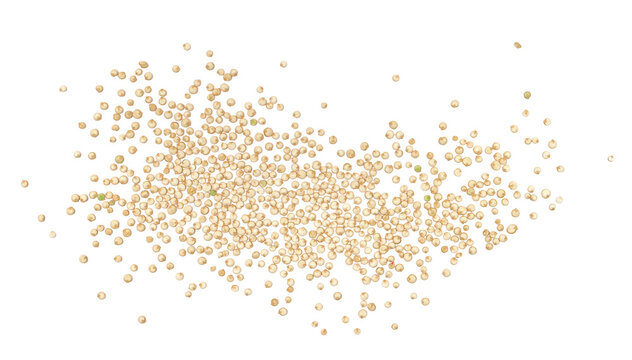 Raw quinoa seeds scattered, isolated on white background, top view