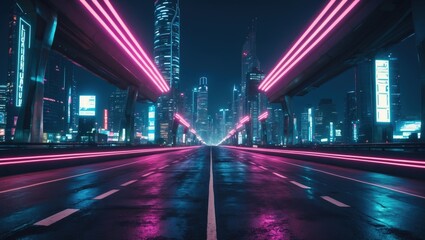 Night city of the future. Against a dark background, a city skyline adorned with bright and flickering neon lights. Front view of a wide road in the exceptional quality styles of cyberpunk and retr...
