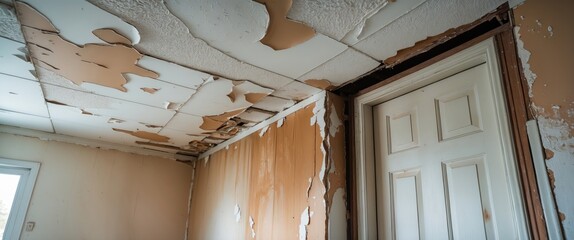 Obraz premium Old peeling and decaying white gypsum board ceiling, with wall and door damage caused by water leakage from raindrops, moisture, and dirty mold, resulting in a poor living environment with disease ...