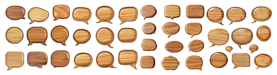 Wooden Speech Bubbles Collection for Communication and Dialogue Use, PNG bundle collection, Isolated on Transparent Background