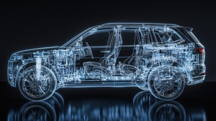 Naklejka premium A detailed 3D rendering reveals the intricate inner workings of an SUV, its frame and components exposed through a stylized X-ray effect, highlighting the engineering marvel of this modern vehicle.