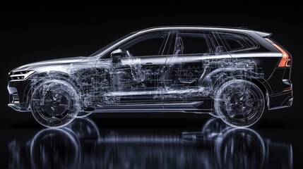A sleek, black SUV, rendered in stunning 3D detail, undergoes an X-ray examination, revealing its inner workings: intricate brake systems and robust suspension components, a testament to its