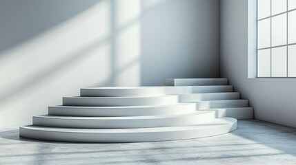 Fototapeta premium Podium White steps curve up in a bright, empty room with a window and light