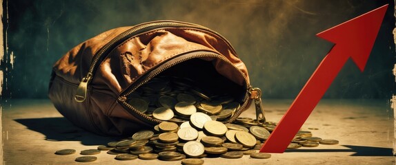 Money bag and red arrow pointing down. Reduction in deposit interest rates, affordable loans. National currency depreciation, inflation, investment appeal. Challenges of economic decline.