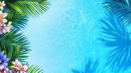 Obraz premium Tropical paradise with vibrant flower and palm leaves framing a serene blue water surface