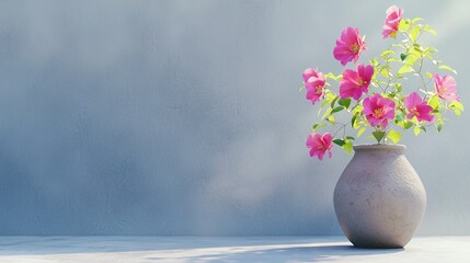   A vase brimming with pink blooms perched atop a table beside blue and gray walls